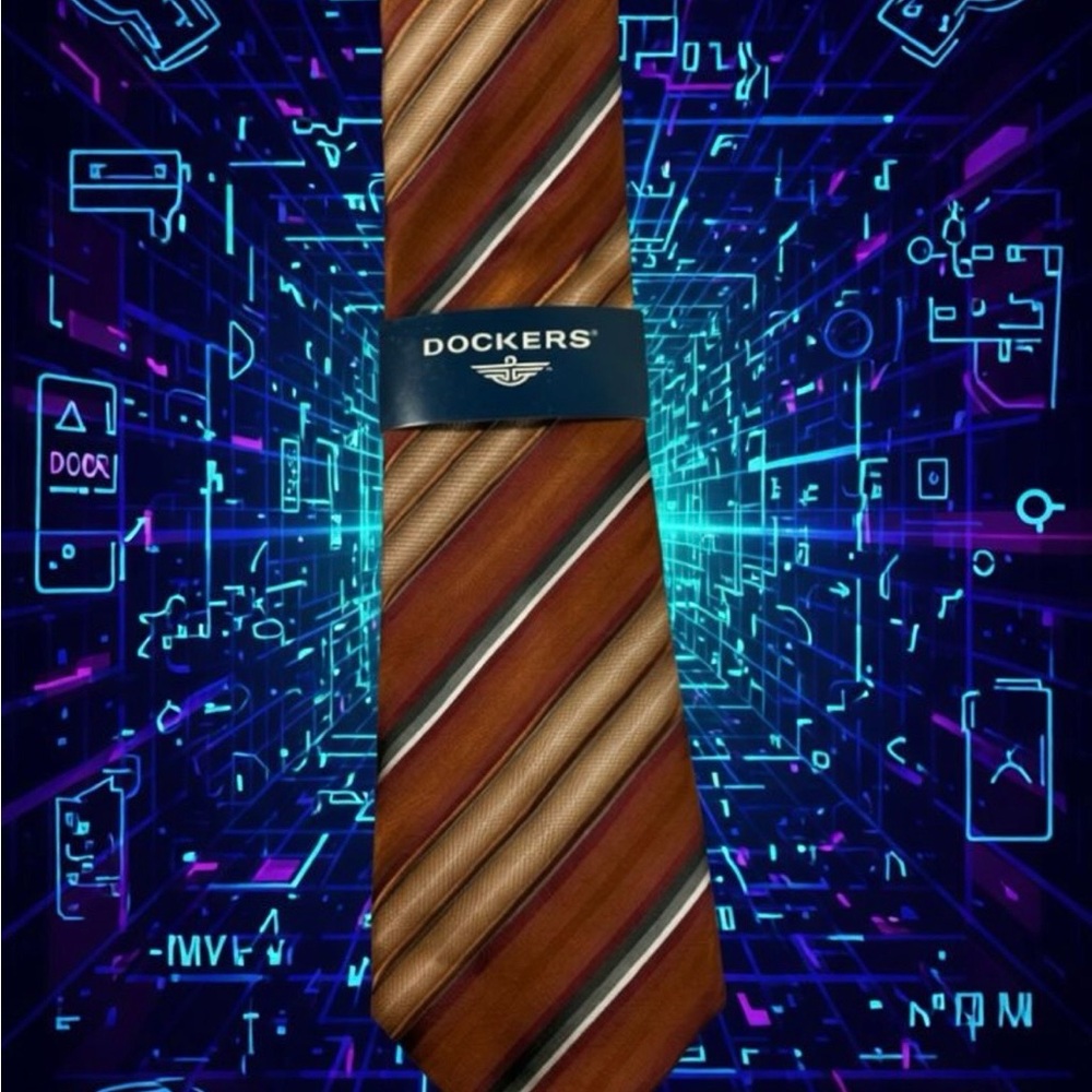 Dockers VTG ‘Line Spinner’ Rust Brown Striped 100% Silk Tie Original Tag Sears